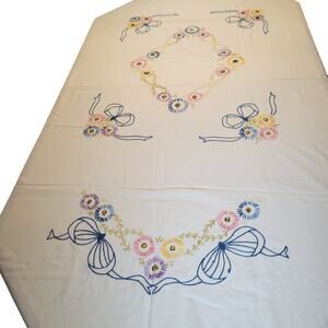 Vintage Handmade Bedspread Embroidered Flowers 72x80 Fringe Edges Floral Retro